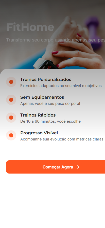 Tela de onboarding do FitHome com lista de benefícios