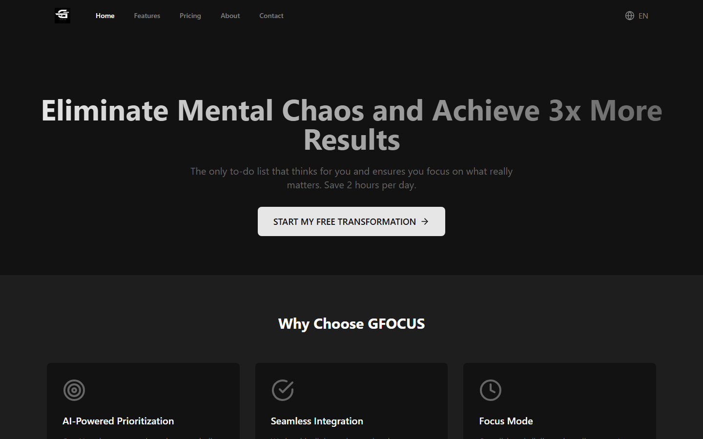 Landing page do Gfocus com hero, CTA e seção de features