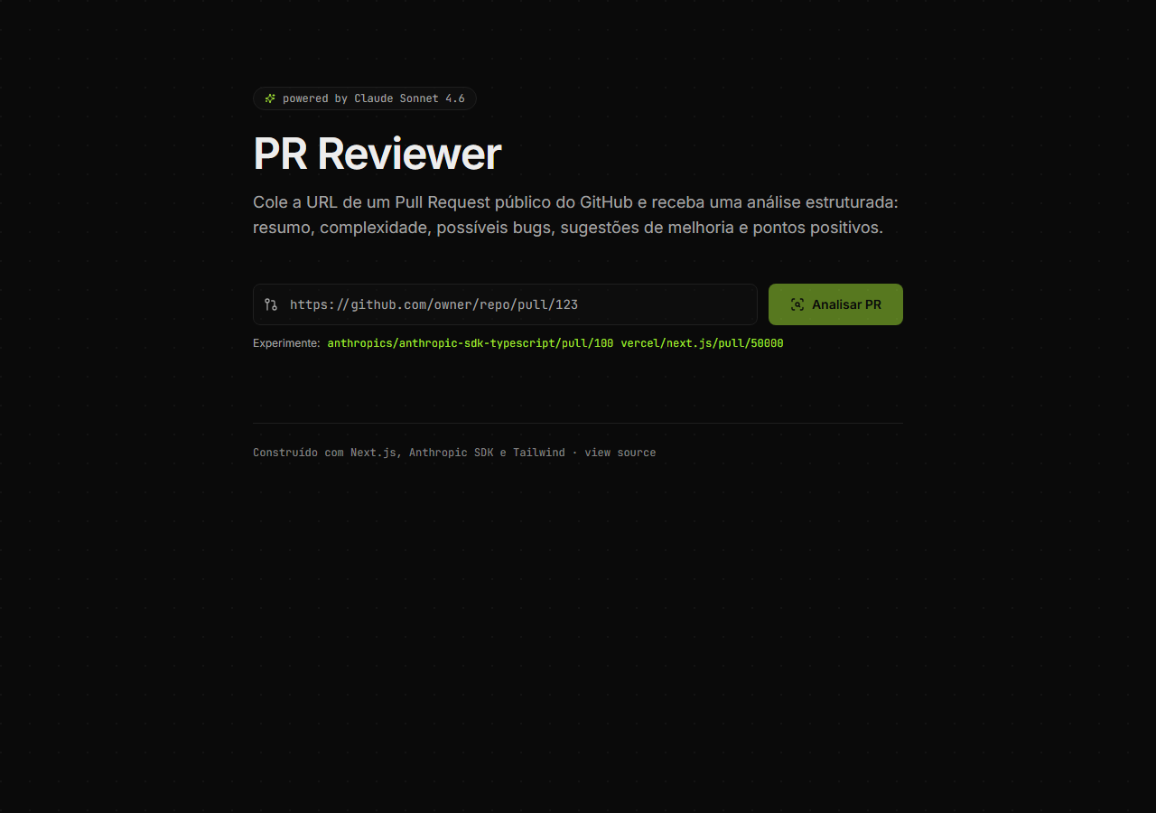 PR Reviewer com input pra URL e badge 'powered by Gemini 2.5 Flash'